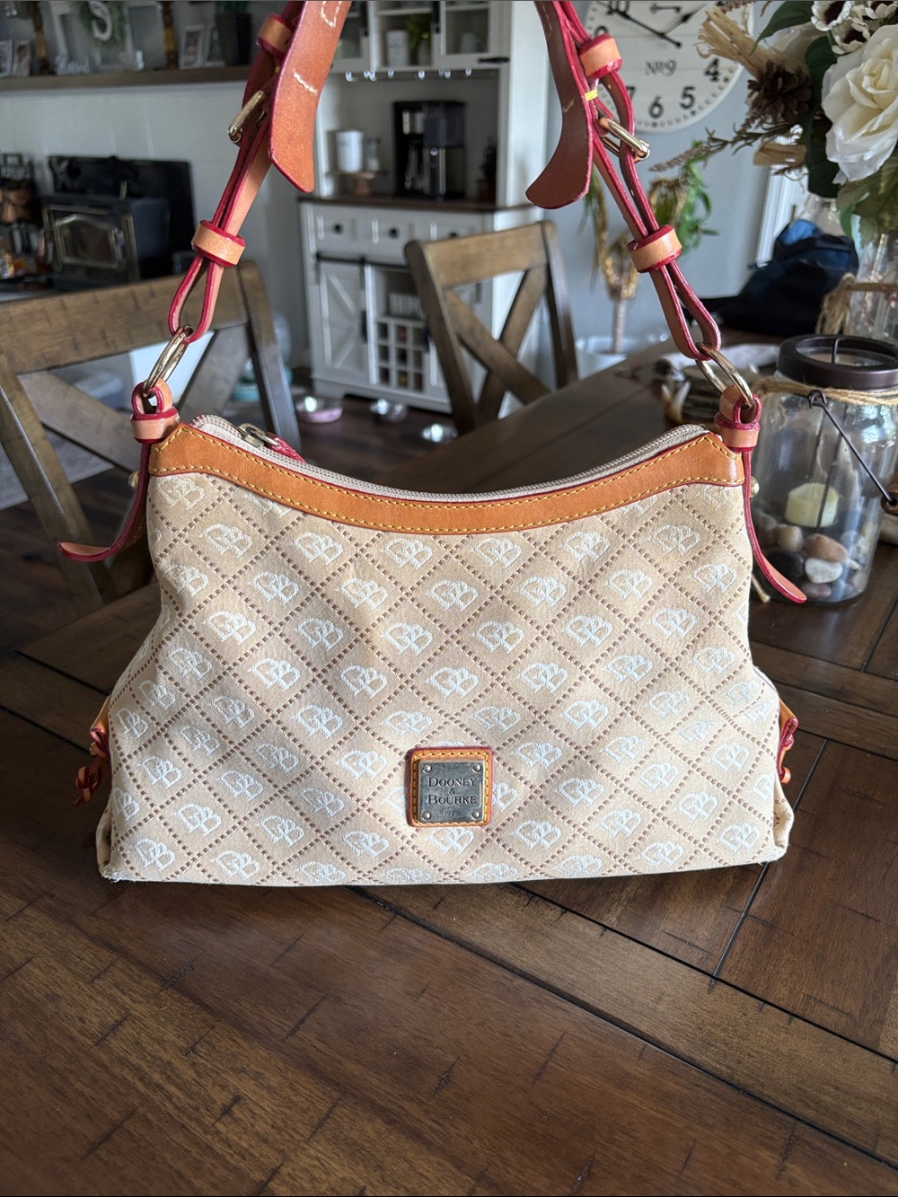 Dooney & Bourke Beige Canvas Shoulder Bag with Tan Trim